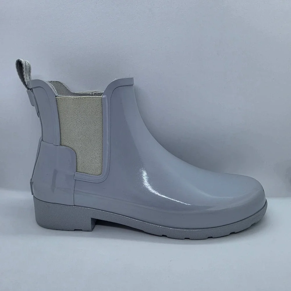 Hunter Original Refined Gloss Chelsea Boots Grey Waterproof Rain US 6 WFS1017RGL